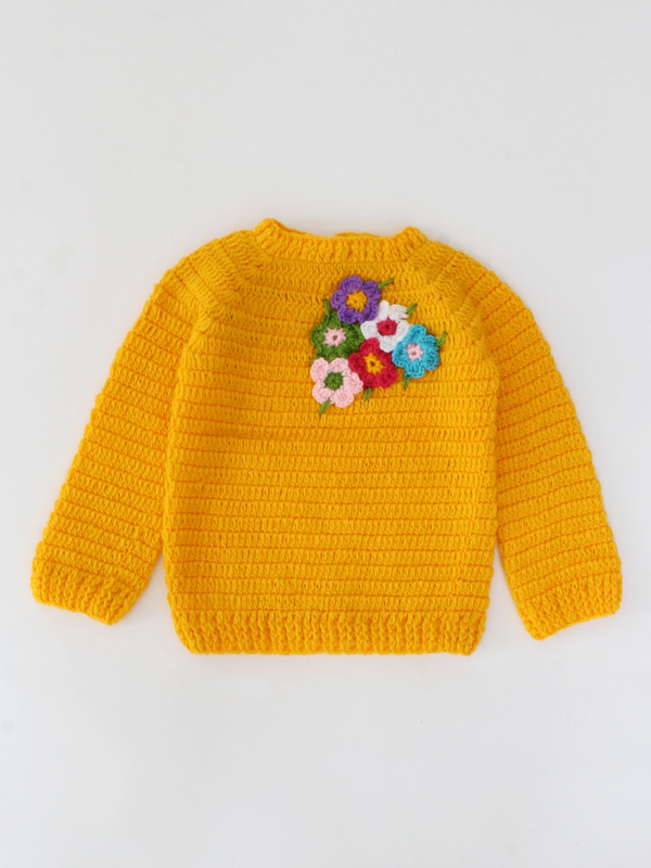 Woonie Crochet Raglan Sleeve Floral Pullover for Kids-Orange